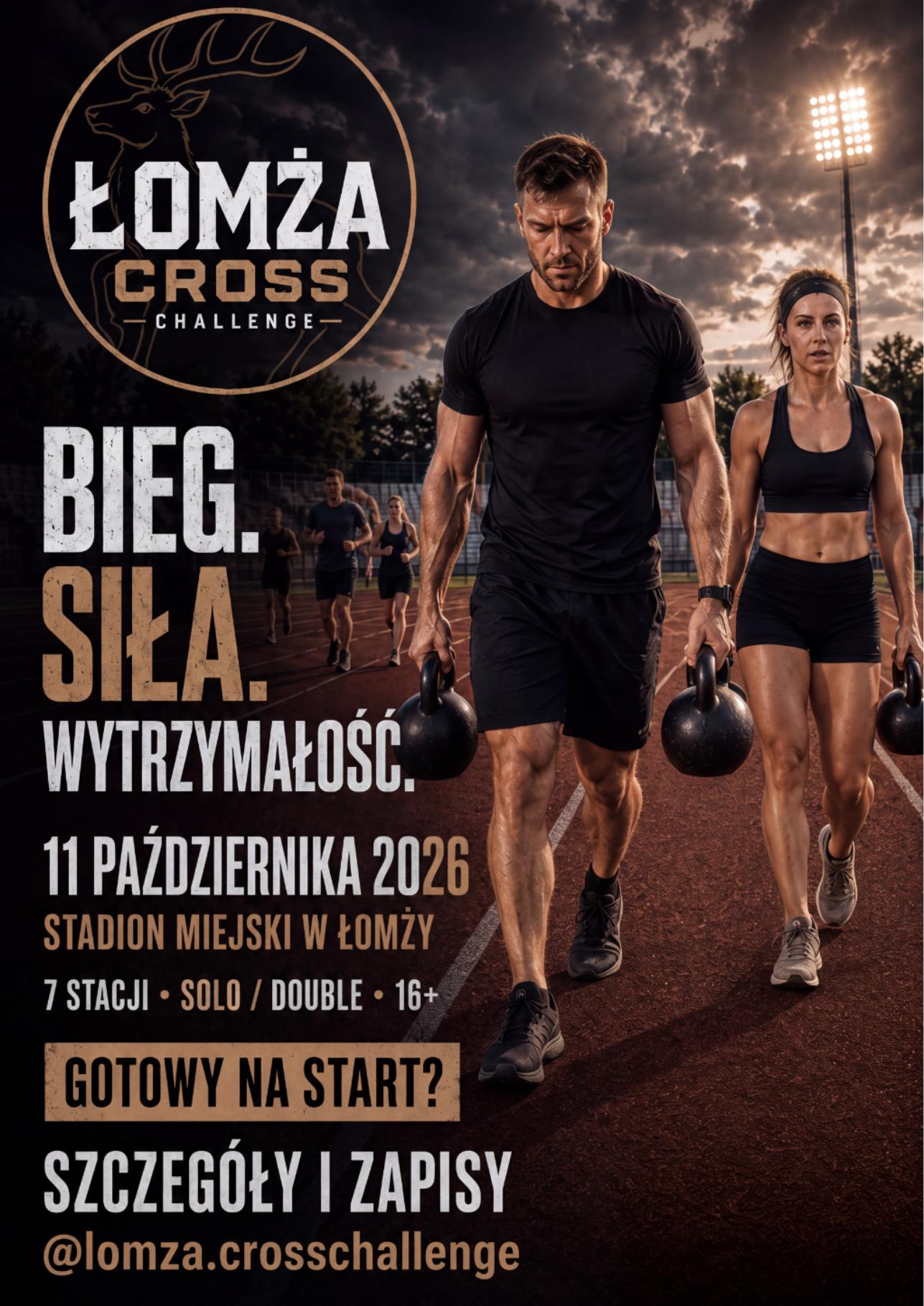 Plakat Łomża Cross Challenge — 11 października 2026, Stadion Miejski w Łomży, 7 stacji, Solo/Double, 16+